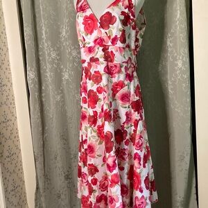 Talbots Red and Pink Sleeveless V-Neck Midi Dress